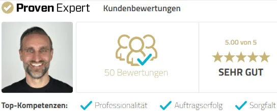ProvenExpert Kundenbewertungen: 5,00 von 5 aus 50 Bewertungen – Sehr gut